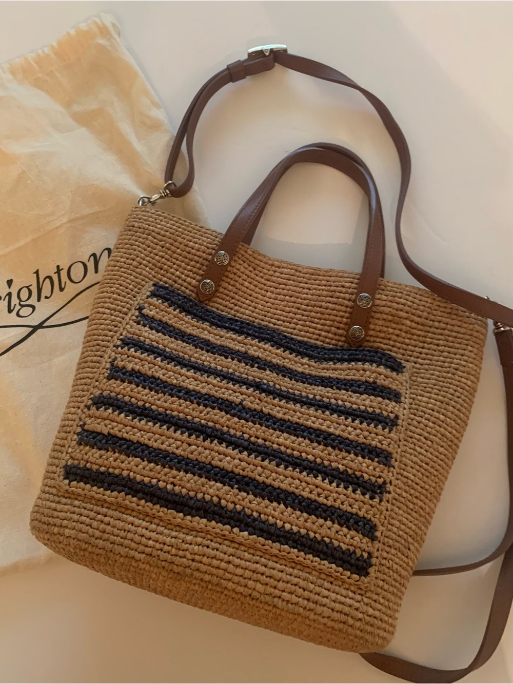 Brighton Ferrara Woven Straw Tote in Tan with Navy Stripes
